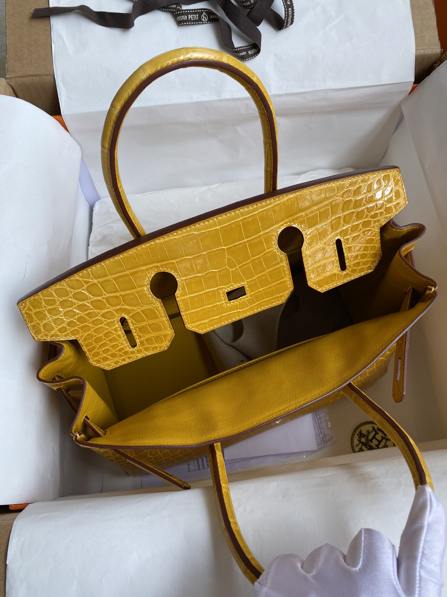 Hermes Birkin 30CM Handmade Bag In Amber Yellow Crocodile Niloticus Shiny Skin